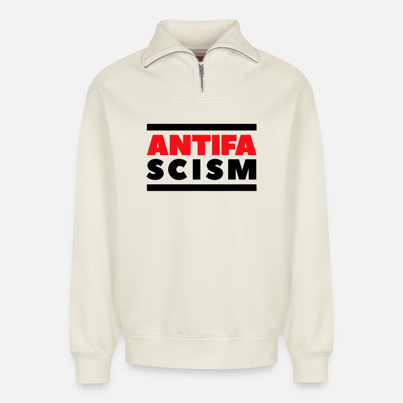 ANTIFA - Antifaschismus - Relaxed Unisex Organic Half Zip Sweatshirt – von SPREAD - Naturweiß