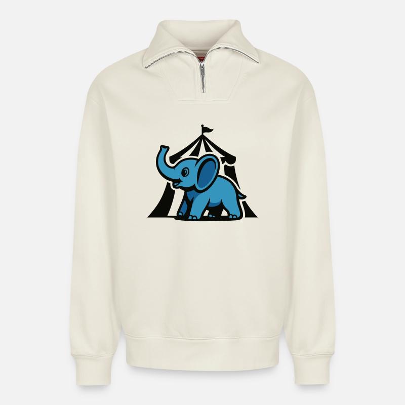 Éléphant de cirque bleu - Sweat unisexe décontracté en coton biologique à demi-zip – de SPREAD - blanc cassé