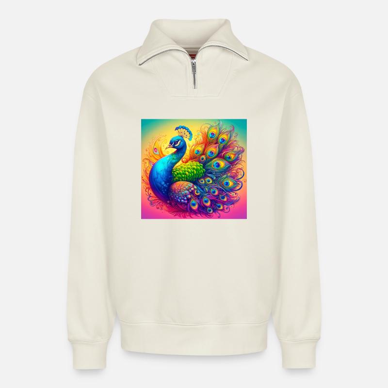 Pfau - Relaxed Unisex Organic Half Zip Sweatshirt – von SPREAD - Naturweiß