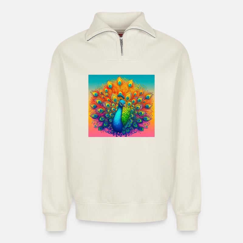 Pfau - Relaxed Unisex Organic Half Zip Sweatshirt – von SPREAD - Naturweiß