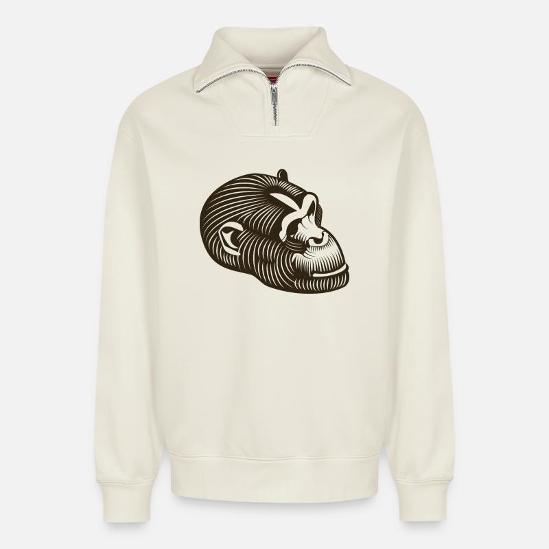 Stylized GORILLE head - Relaxed Unisex Organic Half Zip Sweatshirt – by SPREAD - off white