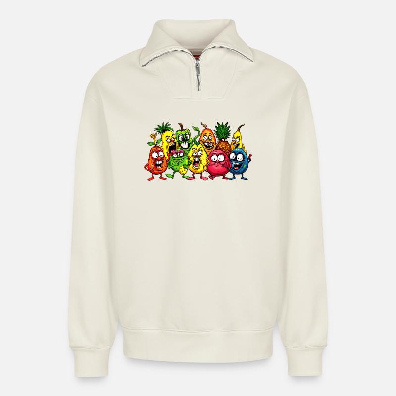 Verrückte Früchte - Relaxed Unisex Organic Half Zip Sweatshirt – von SPREAD - Naturweiß