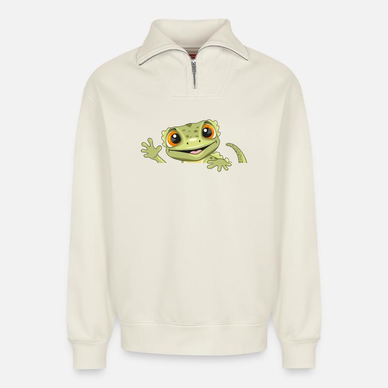 Spähender lustiger Willkommensgecko - Relaxed Unisex Organic Half Zip Sweatshirt – von SPREAD - Naturweiß