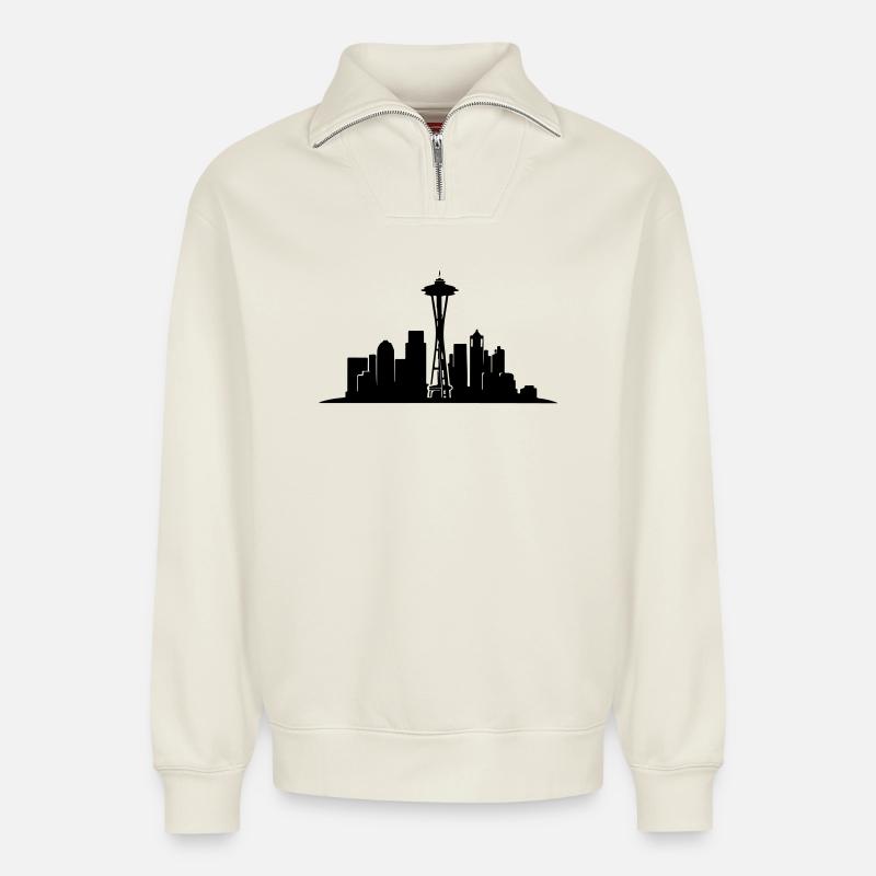 Seattle Skyline Silhouette - Relaxed Unisex Organic Half Zip Sweatshirt – von SPREAD - Naturweiß