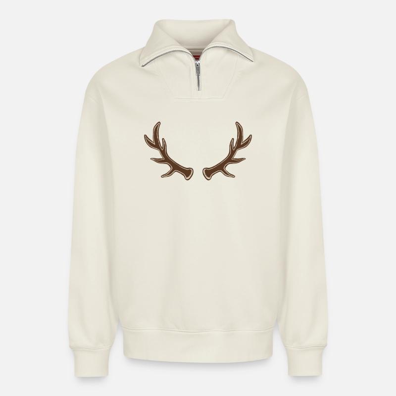 Rustic Antler Silhouette - Relaxed Unisex Organic Half Zip Sweatshirt – by SPREAD - off white