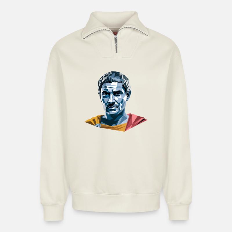 Caesar - Logo de l’histoire cool - Sweat unisexe décontracté en coton biologique à demi-zip – de SPREAD - blanc cassé