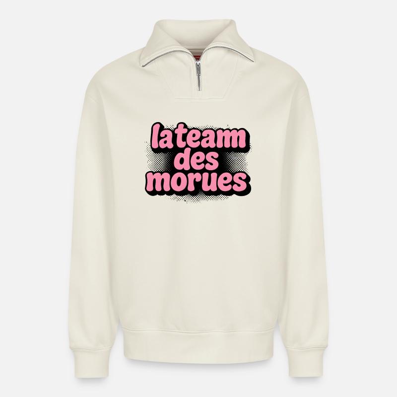 Das Kabeljau-Team - Relaxed Unisex Organic Half Zip Sweatshirt – von SPREAD - Naturweiß