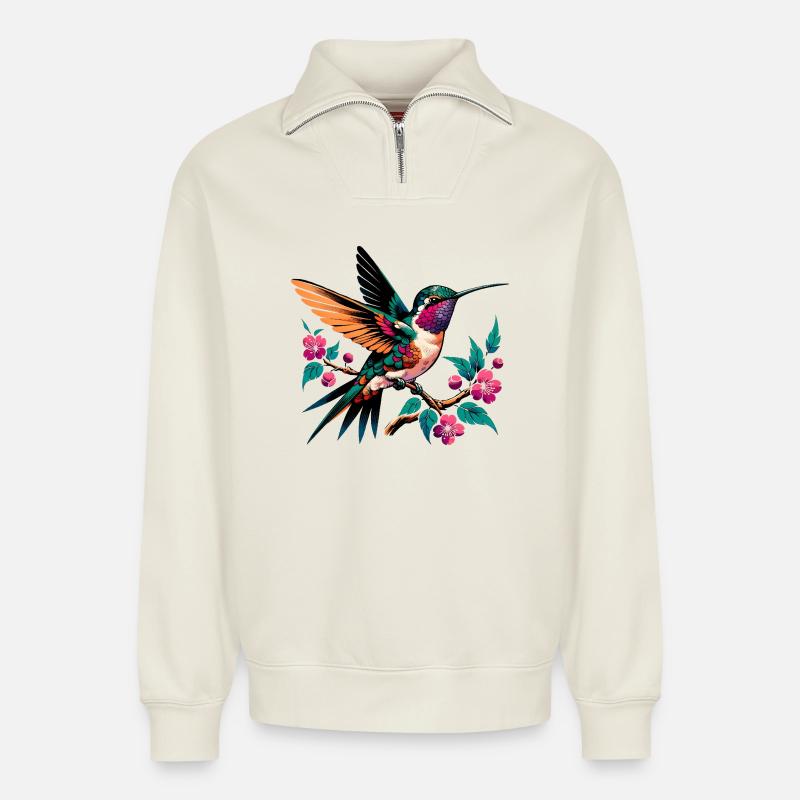 Lebendiger Kolibri auf blühendem Ast - Relaxed Unisex Organic Half Zip Sweatshirt – von SPREAD - Naturweiß