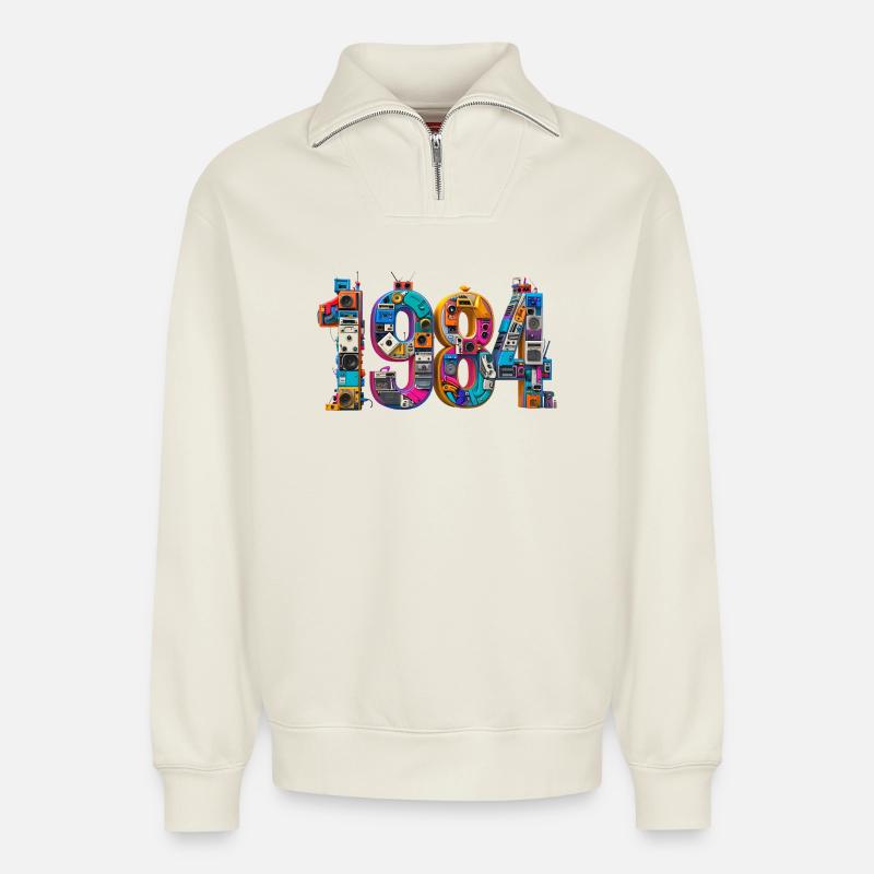 1984 – Abitur, Geburt oder Heirat  - Relaxed Unisex Organic Half Zip Sweatshirt – von SPREAD - Naturweiß