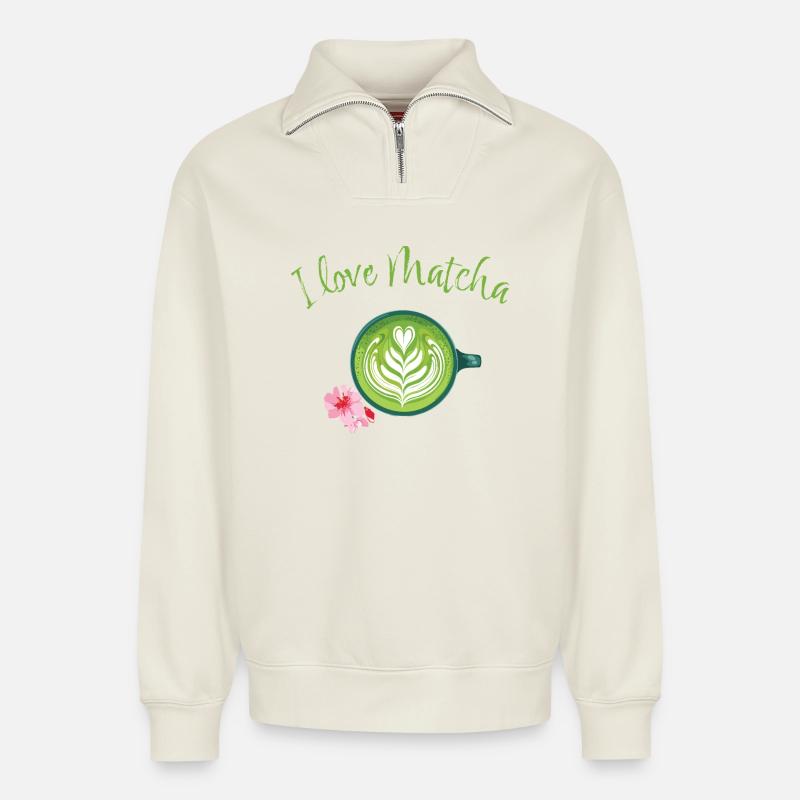 Matcha love - Relaxed Unisex Organic Half Zip Sweatshirt – von SPREAD - Naturweiß