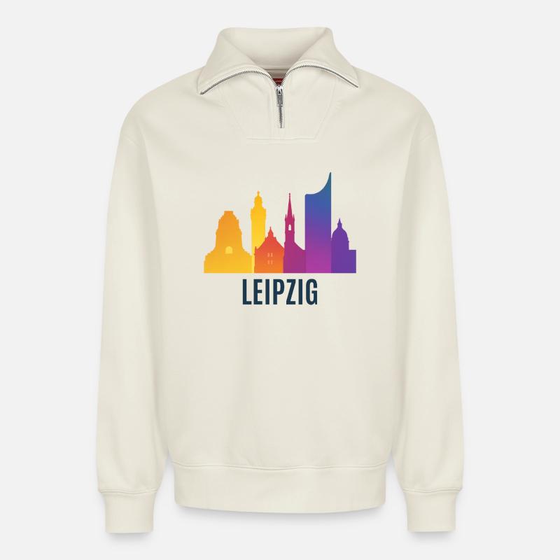 Leipzig Skyline Gradient - Relaxed Unisex Organic Half Zip Sweatshirt – by SPREAD - off white