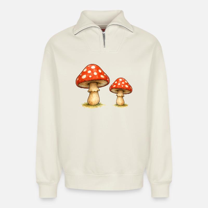 Red Toadstool Duo - Relaxed Unisex Organic Half Zip Sweatshirt – by SPREAD - off white