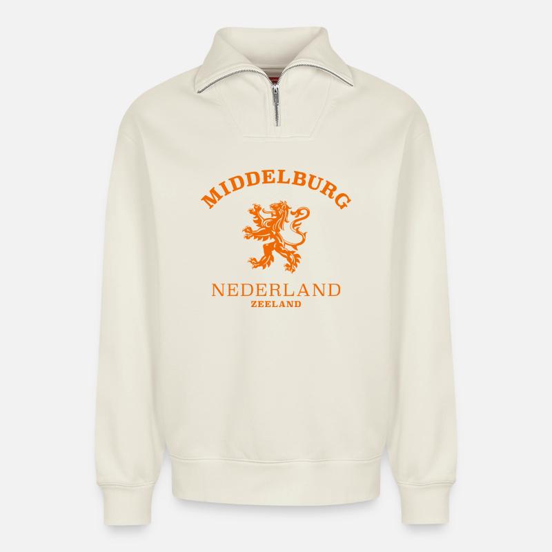 Middelburg, Netherlands, Netherlands - Relaxed Unisex Organic Half Zip Sweatshirt – by SPREAD - off white