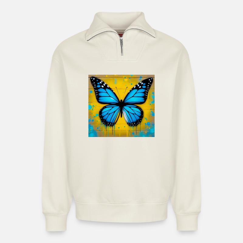 papillon - Sweat unisexe décontracté en coton biologique à demi-zip – de SPREAD - blanc cassé