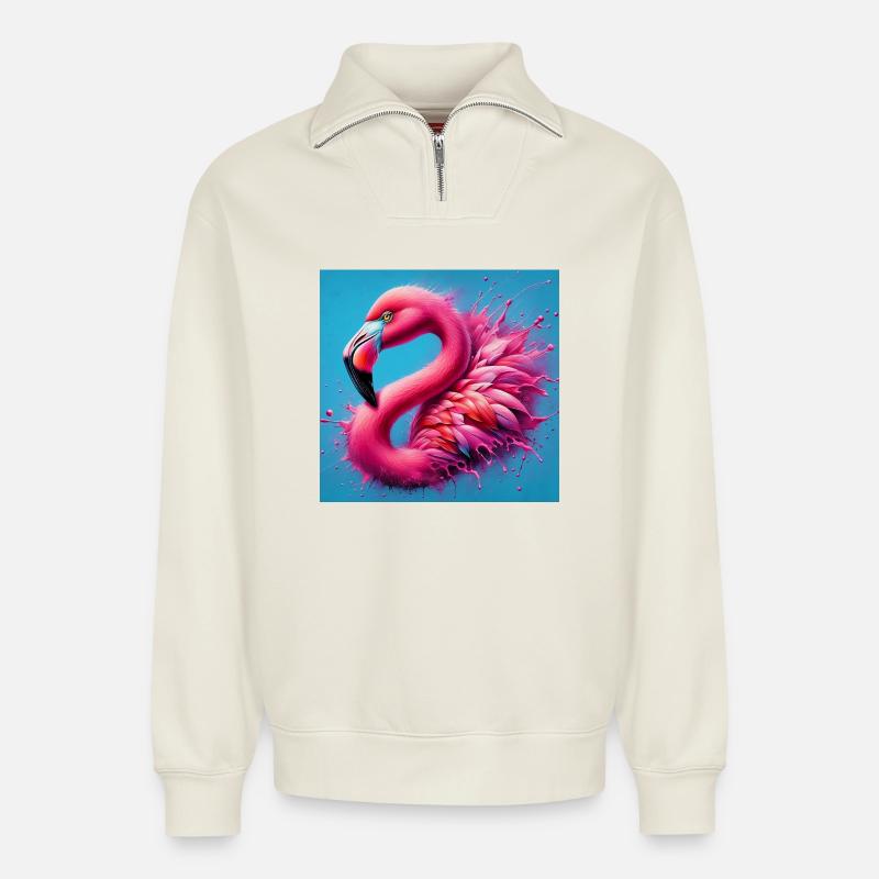 Flamant - Sweat unisexe décontracté en coton biologique à demi-zip – de SPREAD - blanc cassé