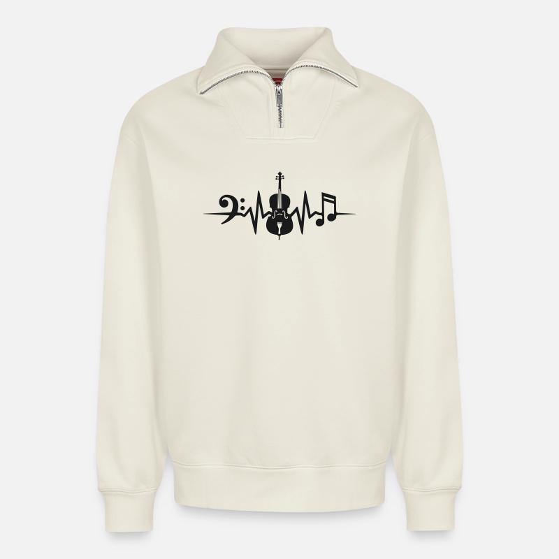 Violoncelle Heartbeat Violoncelle Violoncelle - Sweat unisexe décontracté en coton biologique à demi-zip – de SPREAD - blanc cassé