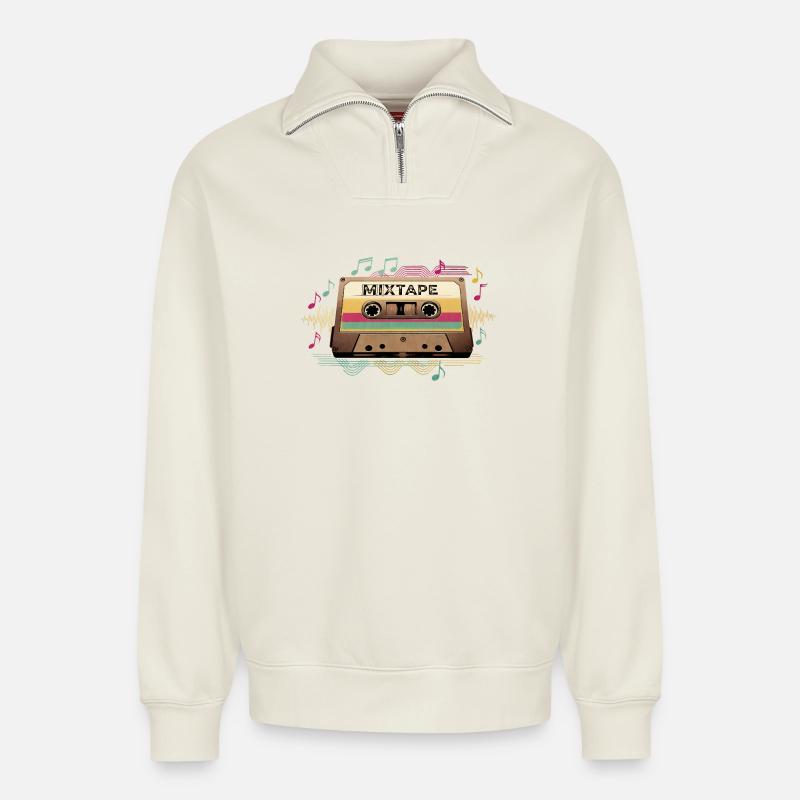 Retro Mixtape NeonNotes - Relaxed Unisex Organic Half Zip Sweatshirt – by SPREAD - off white