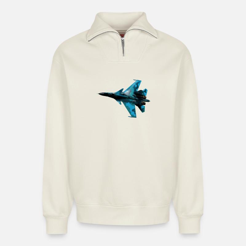 Blue Camouflage Fighter Jet - Relaxed Unisex Organic Half Zip Sweatshirt – von SPREAD - Naturweiß