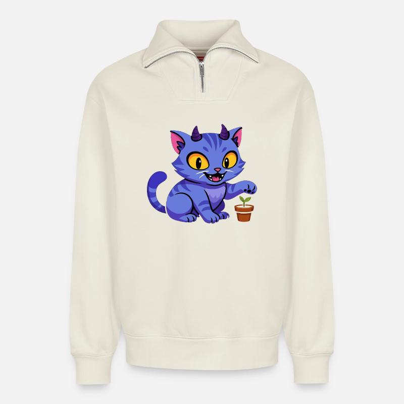 Blauer Katzenkobold mit Pflanze - Relaxed Unisex Organic Half Zip Sweatshirt – von SPREAD - Naturweiß