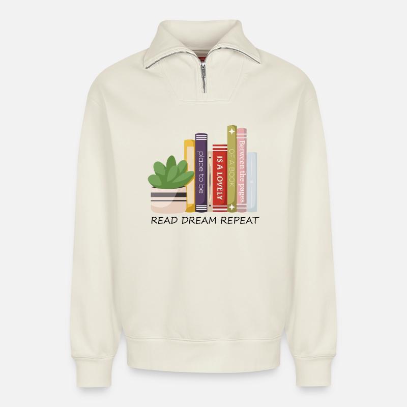 Bunte Buchreihe - Relaxed Unisex Organic Half Zip Sweatshirt – von SPREAD - Naturweiß