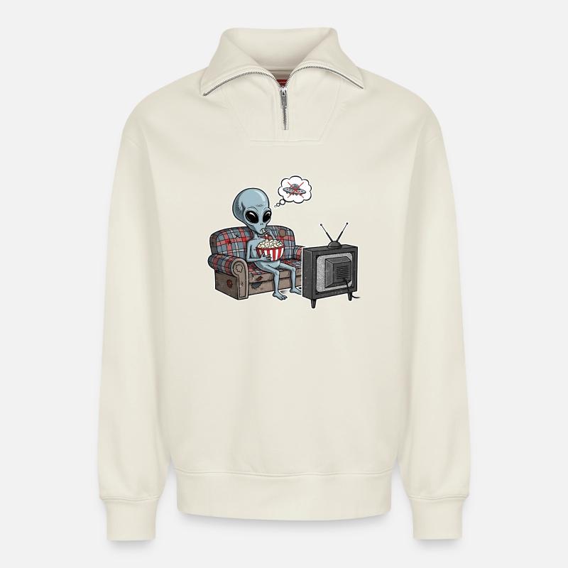 Alien Comic Lazy Gift - Relaxed Unisex Organic Half Zip Sweatshirt – by SPREAD - off white