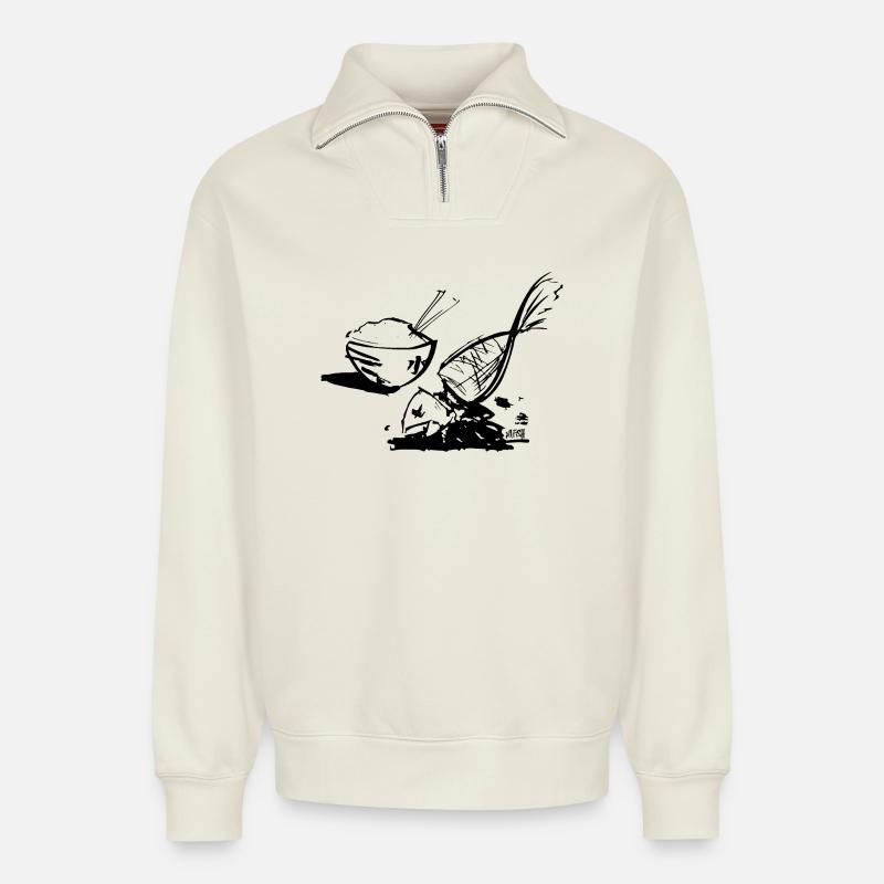 Fish and rice - Relaxed Unisex Organic Half Zip Sweatshirt – by SPREAD - off white
