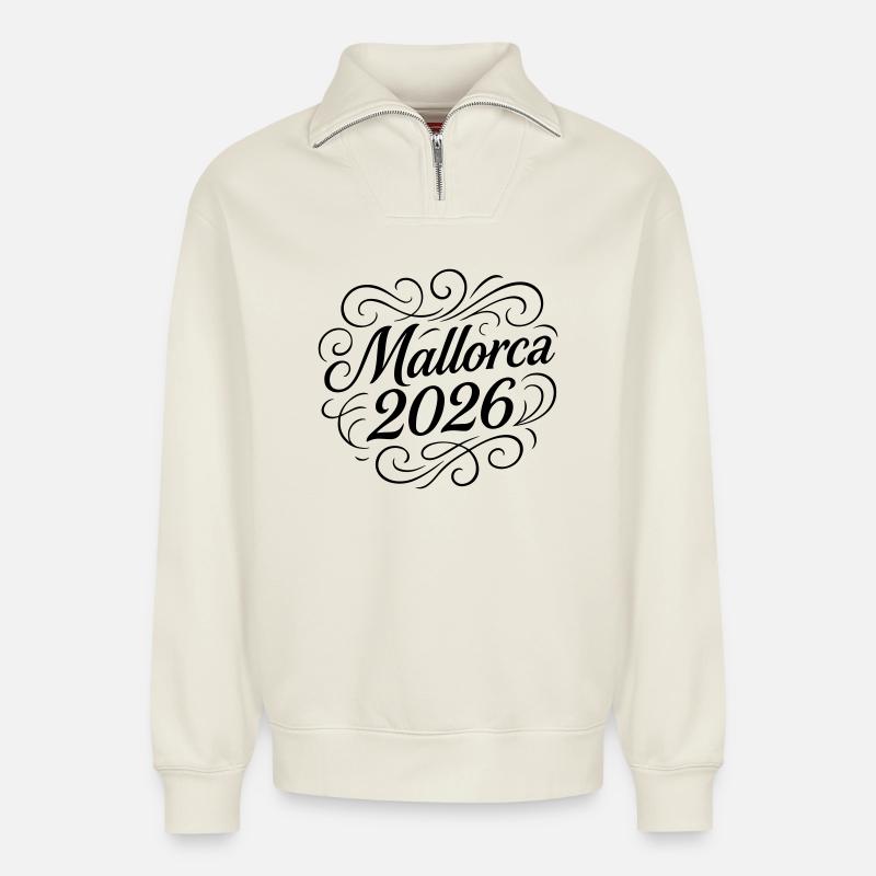Majorque 2026 - Sweat unisexe décontracté en coton biologique à demi-zip – de SPREAD - blanc cassé