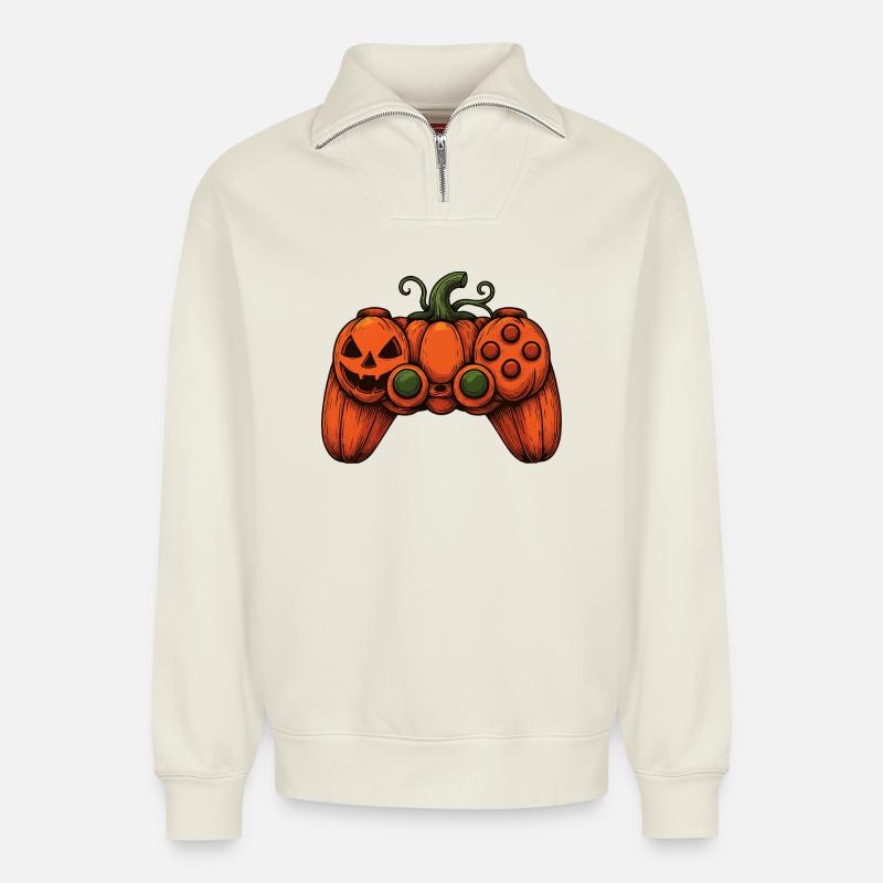 Halloween Controller Kürbis-Duo - Relaxed Unisex Organic Half Zip Sweatshirt – von SPREAD - Naturweiß
