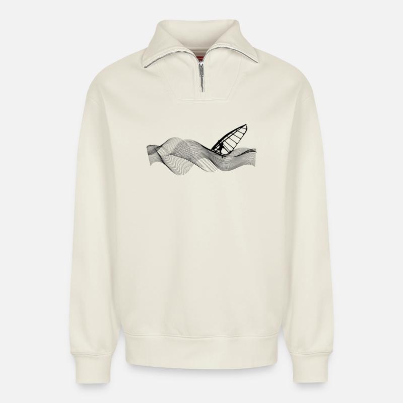 Windsurfer on wave structure - Relaxed Unisex Organic Half Zip Sweatshirt – by SPREAD - off white