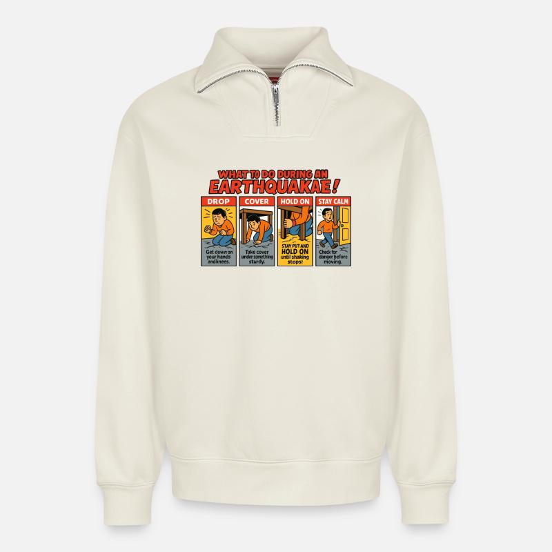 Erdbeben Sicherheitsanleitung - Relaxed Unisex Organic Half Zip Sweatshirt – von SPREAD - Naturweiß