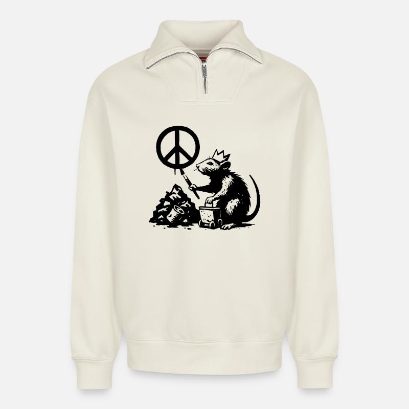 Ratte fordert Frieden - Relaxed Unisex Organic Half Zip Sweatshirt – von SPREAD - Naturweiß