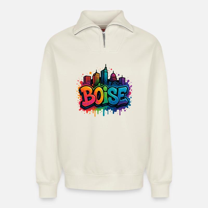 Skyline de graffitis de Boise - Sweat unisexe décontracté en coton biologique à demi-zip – de SPREAD - blanc cassé