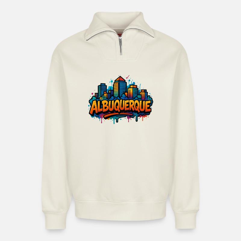 Albuquerque Graffiti Skyline - Relaxed Unisex Organic Half Zip Sweatshirt – von SPREAD - Naturweiß