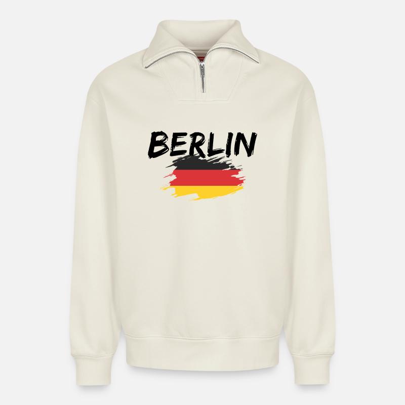 Berlin Deutschland - Relaxed Unisex Organic Half Zip Sweatshirt – von SPREAD - Naturweiß