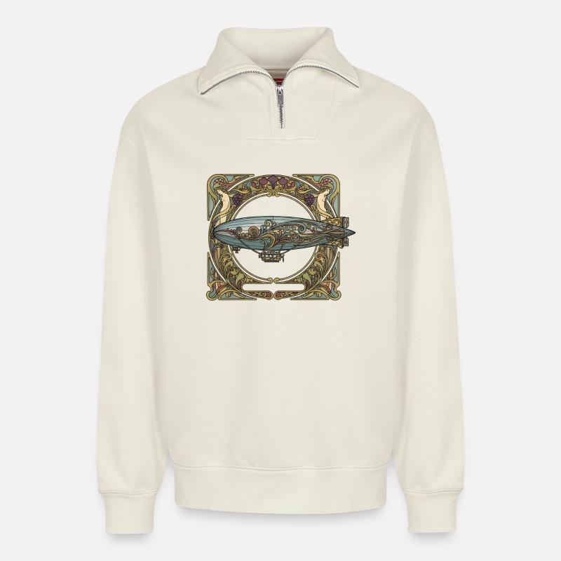 Luftschiff im Jugendstilrahmen - Relaxed Unisex Organic Half Zip Sweatshirt – von SPREAD - Naturweiß