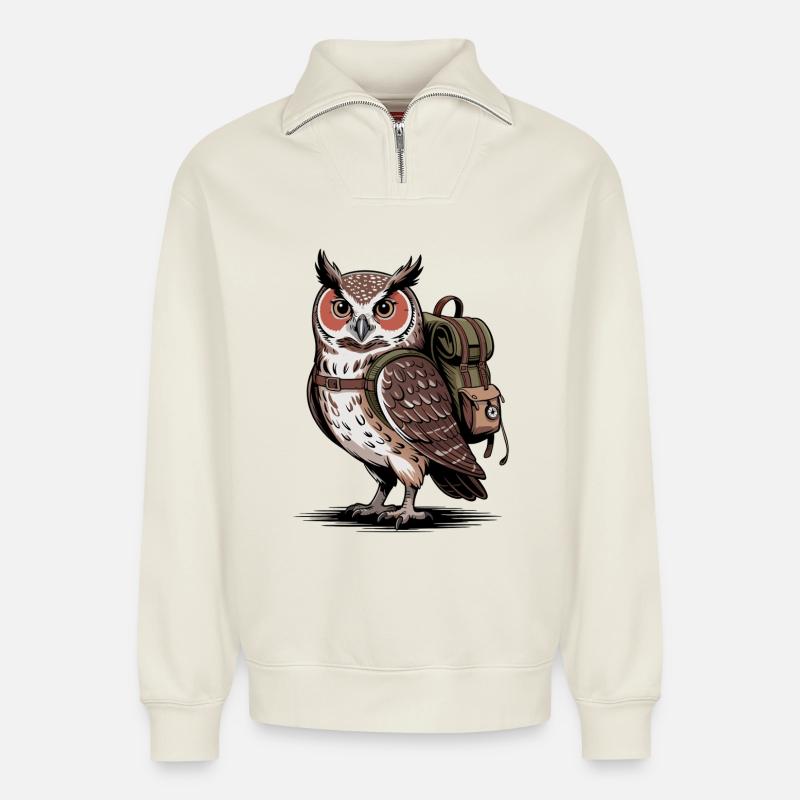 Owl with backpack - Relaxed Unisex Organic Half Zip Sweatshirt – by SPREAD - off white