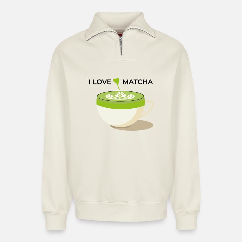 J’adore le Matcha - Sweat unisexe décontracté en coton biologique à demi-zip – de SPREAD - blanc cassé