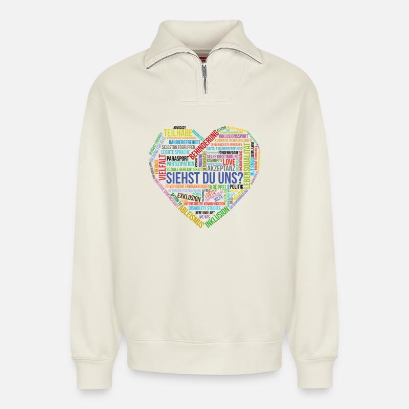 Siehst Du Uns Vielfalt Herz - Relaxed Unisex Organic Half Zip Sweatshirt – von SPREAD - Naturweiß
