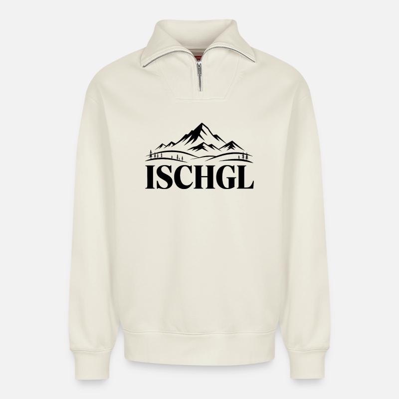 Ischgl - Souvenir Design - Relaxed Unisex Organic Half Zip Sweatshirt – von SPREAD - Naturweiß