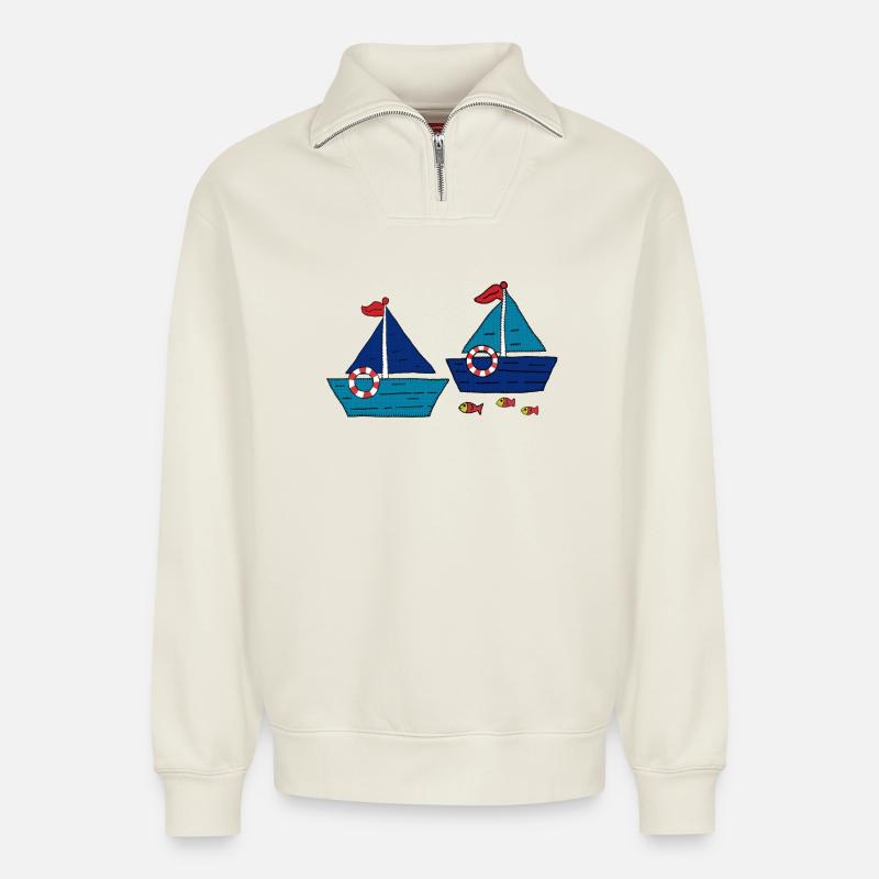 Schiffchen - Relaxed Unisex Organic Half Zip Sweatshirt – von SPREAD - Naturweiß