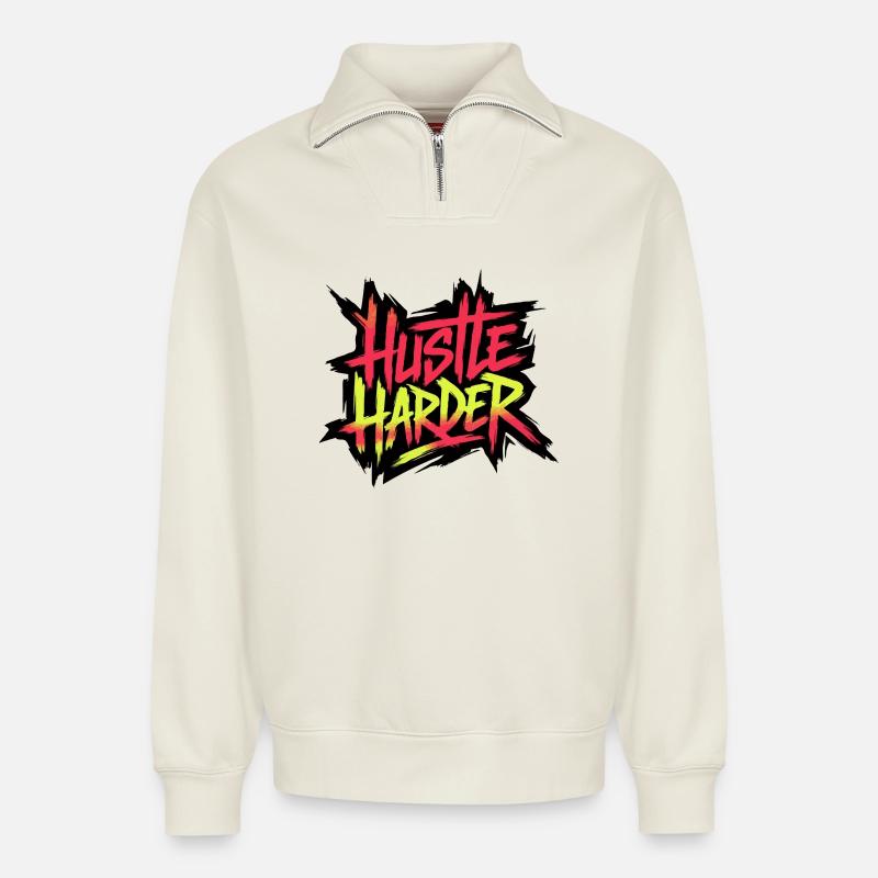 Hustle Harder Neon-Graffiti - Relaxed Unisex Organic Half Zip Sweatshirt – von SPREAD - Naturweiß