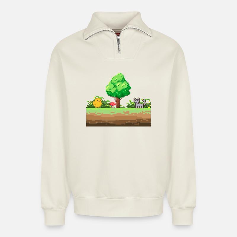 Pixelgarten Abenteuer - Relaxed Unisex Organic Half Zip Sweatshirt – von SPREAD - Naturweiß