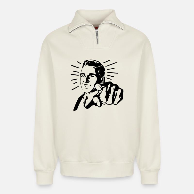 Pointing Man - Relaxed Unisex Organic Half Zip Sweatshirt – by SPREAD - off white