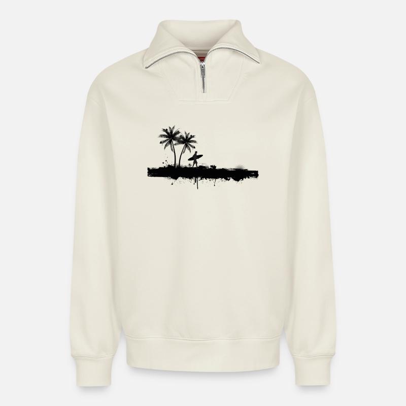Palm Beach Silhouette Surfer - Relaxed Unisex Organic Half Zip Sweatshirt – by SPREAD - off white