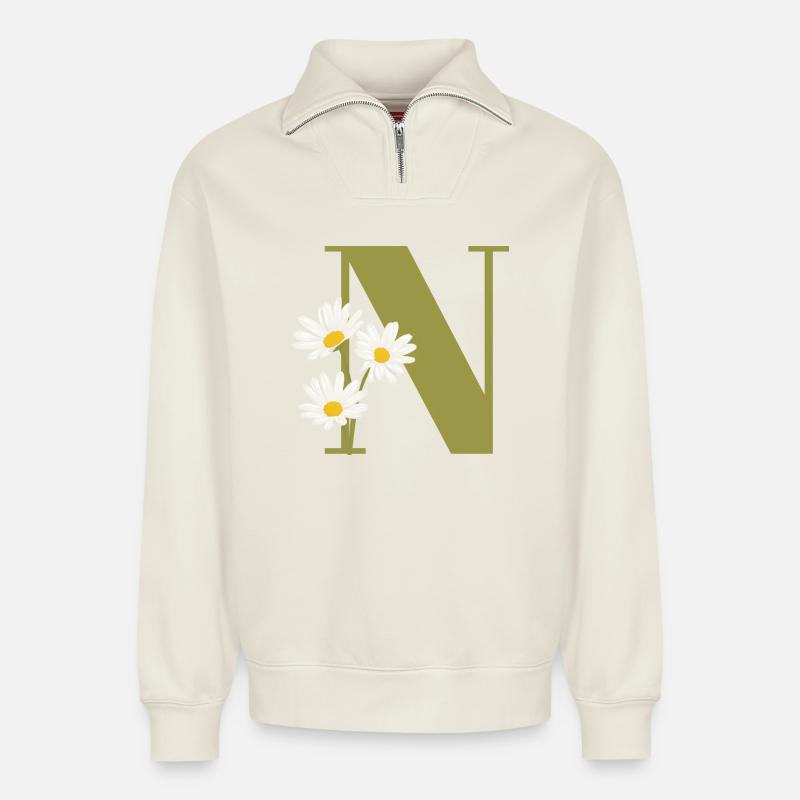 Grüner Buchstabe n Gänseblümchen - Relaxed Unisex Organic Half Zip Sweatshirt – von SPREAD - Naturweiß