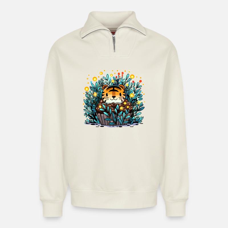 Tiger im Blütenkorb Cupcake - Relaxed Unisex Organic Half Zip Sweatshirt – von SPREAD - Naturweiß