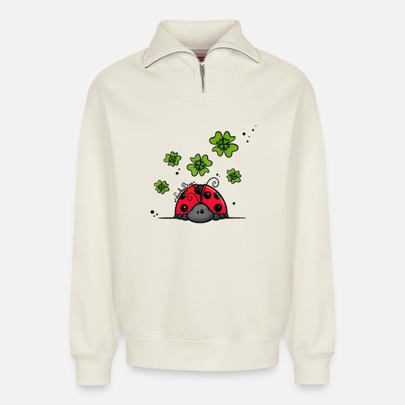 Marienkäfer mit Glücksklee - Relaxed Unisex Organic Half Zip Sweatshirt – von SPREAD - Naturweiß