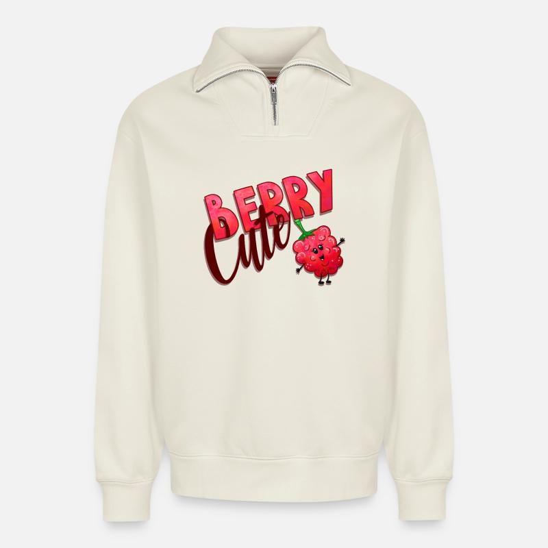 Berry Cute Himbeere - Relaxed Unisex Organic Half Zip Sweatshirt – von SPREAD - Naturweiß