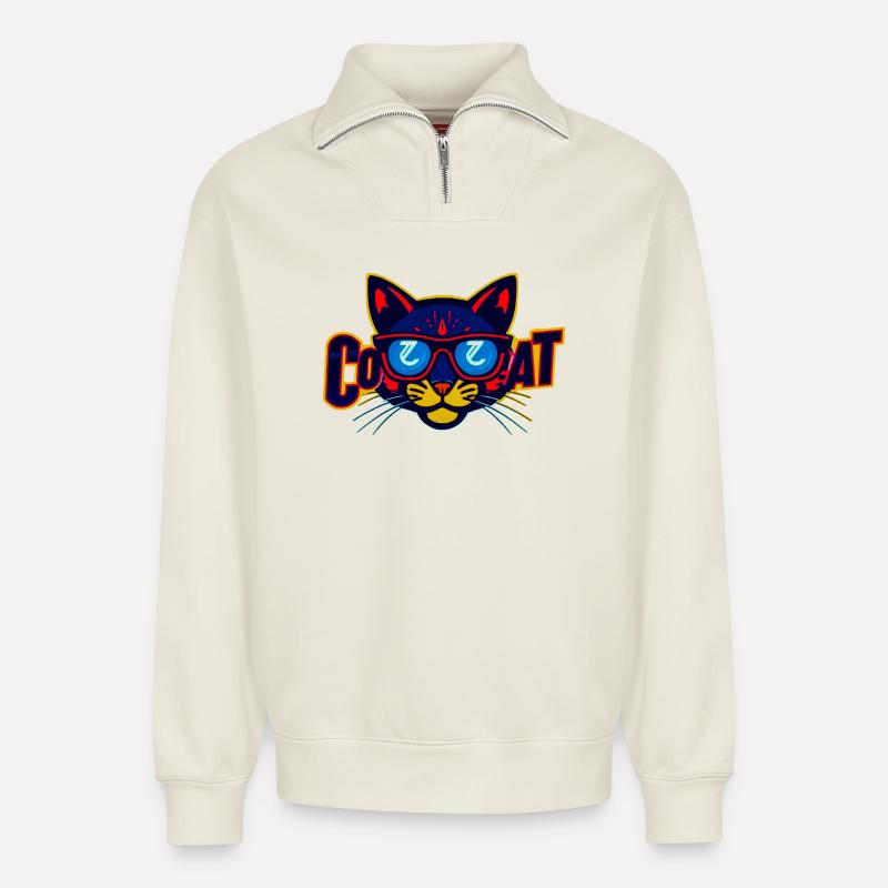 Neon Katzenlogo mit Sonnenbrille - Relaxed Unisex Organic Half Zip Sweatshirt – von SPREAD - Naturweiß