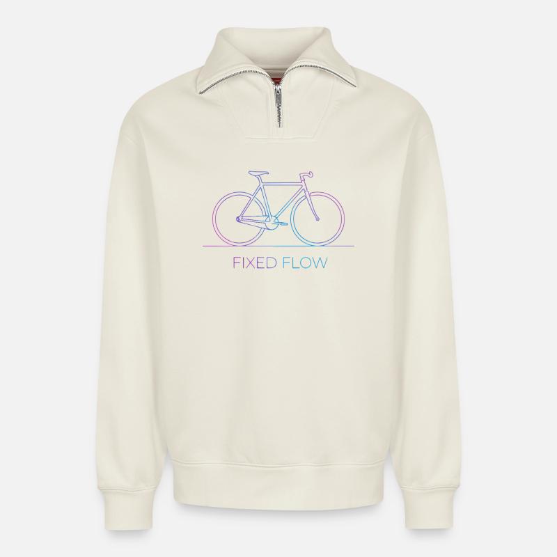 Fixed Flow Bicycle - Relaxed Unisex Organic Half Zip Sweatshirt – by SPREAD - off white